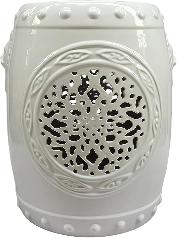 Decorative Ceramic Garden Stool, Hand-Crafted Outdoor Side Table, Shoe Changing Drum Stool for Patio, Living Room Accent Furniture(White 3)