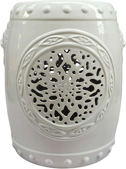 Decorative Ceramic Garden Stool, Hand-Crafted Outdoor Side Table, Shoe Changing Drum Stool for Patio, Living Room Accent Furniture(White 3)