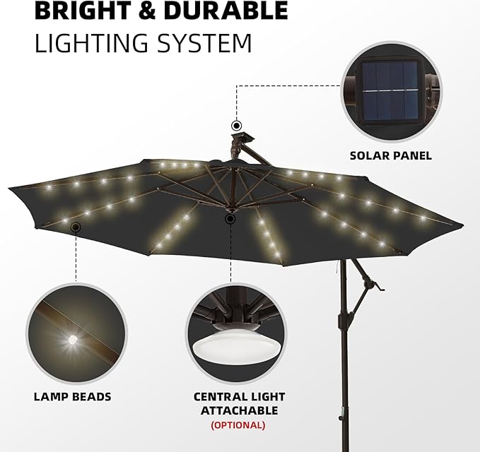 wikiwiki 10ft Solar LED Offset Hanging Market Cantilever Patio Umbrella for Backyard, Poolside, Lawn and Garden, Easy Tilt Adjustment, Polyester Shade & Cross Base, Carbon