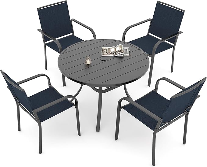 Anmutig Outdoor Patio Chairs and Table Set for 4 Person with 41" Round Dining Table and Stackable Navy Blue Chairs