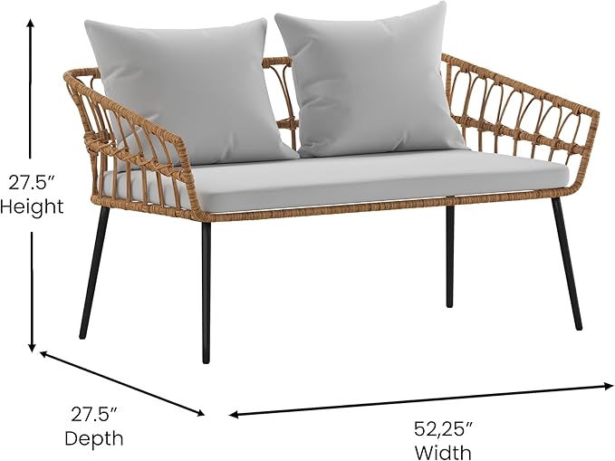Flash Furniture Evin Boho 4 Piece Patio Conversation Set - Natural Rope Rattan - Gray All-Weather Cushions - Tempered Glass Top Coffee Table - Indoor/Outdoor