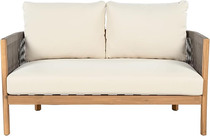 Merax 2 Pieces Outdoor Acacia Furniture Set, Woven Rope Outdoor Patio Loveseat with Cushions and Coffee Table, Patio Conversation Sets for Porch, Garden