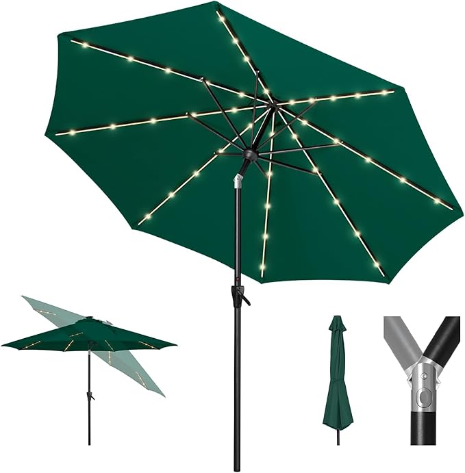 Tempera Solar Patio Umbrella 40 LED Lighted Outdoor Umbrella Table Market Umbrella with Push Button Tilt and Crank, Solar Umbrella with Sturdy Pole&Fade Resistant Canopy, Easy to Set