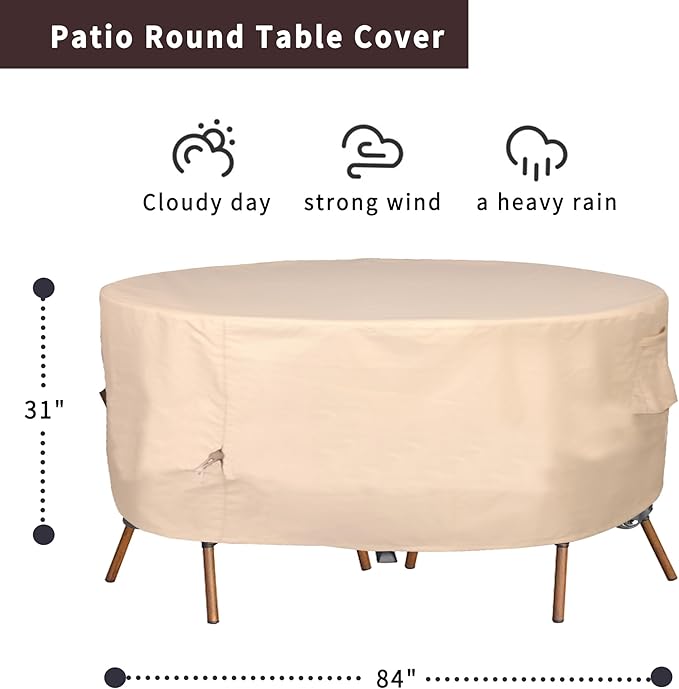 Round Patio Furniture Cover, Heavy Duty and Waterproof for Outdoor Furniture covers, Round outdoor table cover, Patio table cover 84"DIA x 31"H Beige