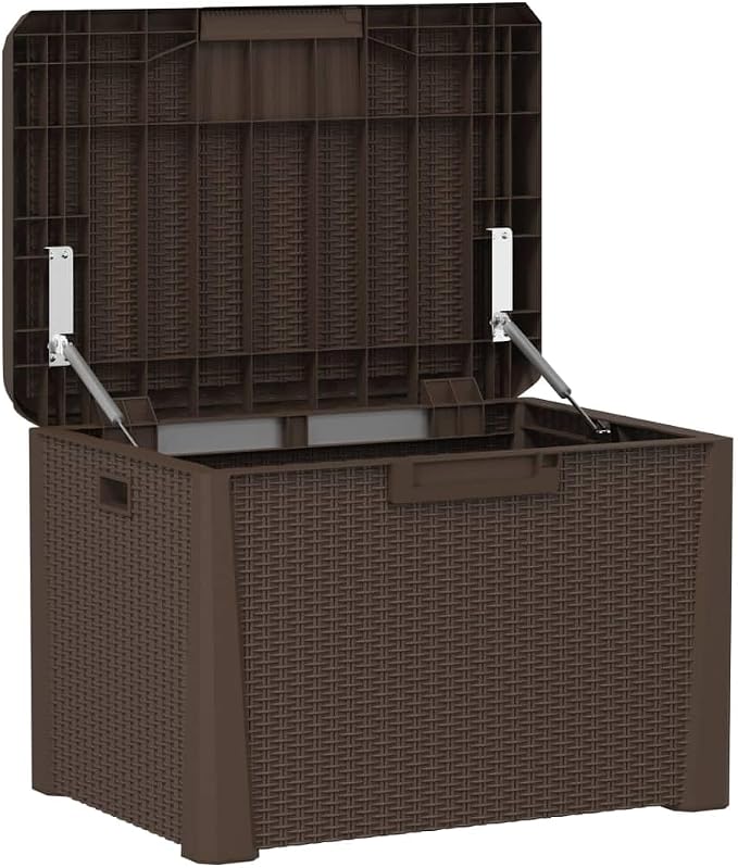 33 Gallon Rattan Look Garden Patio Storage Box with Seat Cushion, Lockable Outdoor Deck Box for Cushions and Blankets, Brown PP