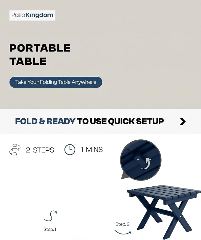 Outdoor Folding Side Table, Lightweight & Space-Saving Design, All-Weather HDPE Material, Realistic Wood-Grain Finish(Navy Blue,1 Table)