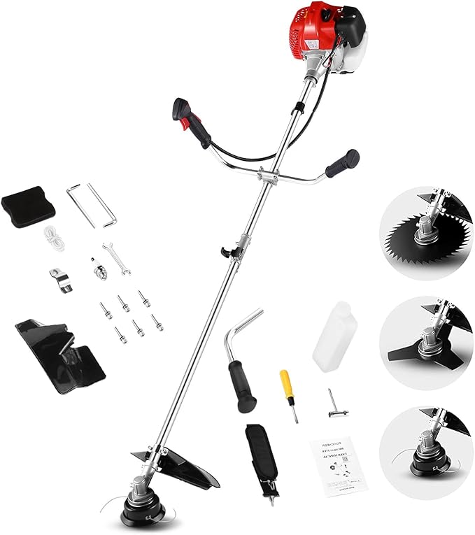 COOCHEER 58cc 2-Cycle Gas Brush Cutter – 4-in-1 Weed Wacker with 18" Cutting Path & Straight Shaft, 4 Detachable Heads for Lawn, Garden, Farm & Yard Work