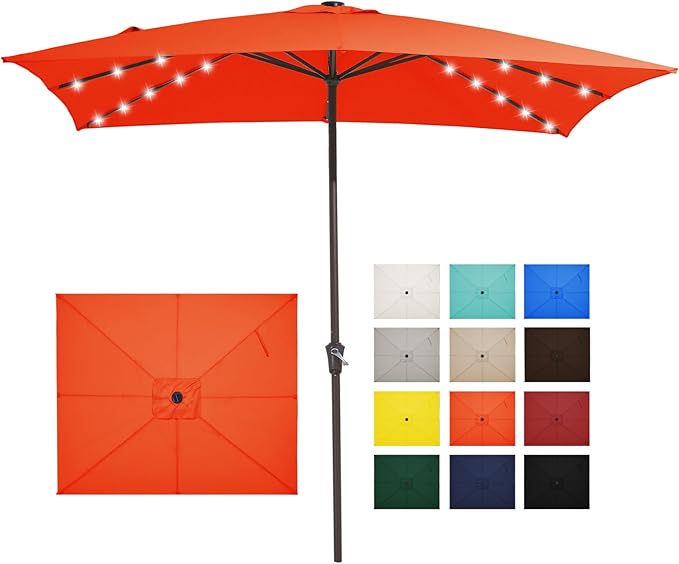 JEAREY 8x10 ft Rectangular LED Lighted Patio Umbrellas Outdoor Solar Table Market Umbrella w/Crank, 8 Sturdy Ribs, UV Protection Waterproof Sunproof(Orange)