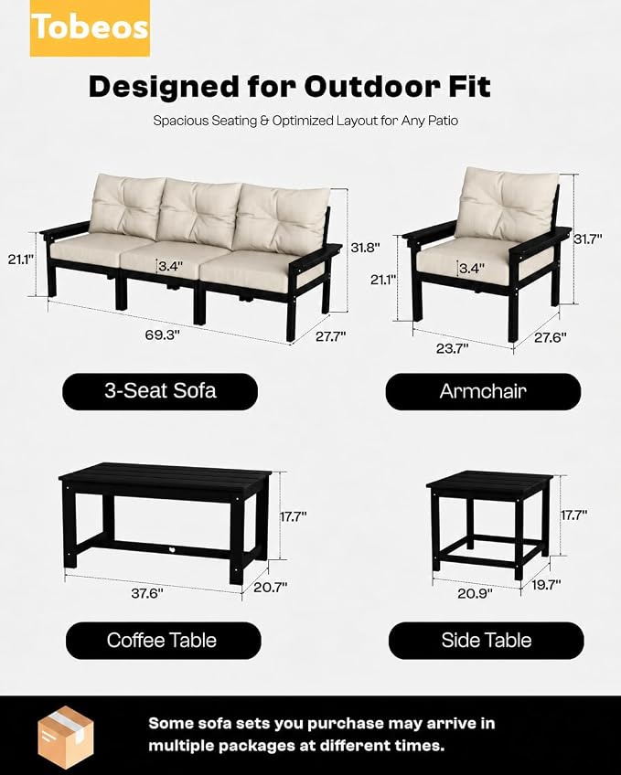 HDPE 3 Piece Patio Furniture Set, All-Weather Outdoor Couch Set with Thick Cushions, Patio Conversation Sets for Lawn, Garden, Porch, Balcony, Deck, Poolside, Black Frame Beige Cushion
