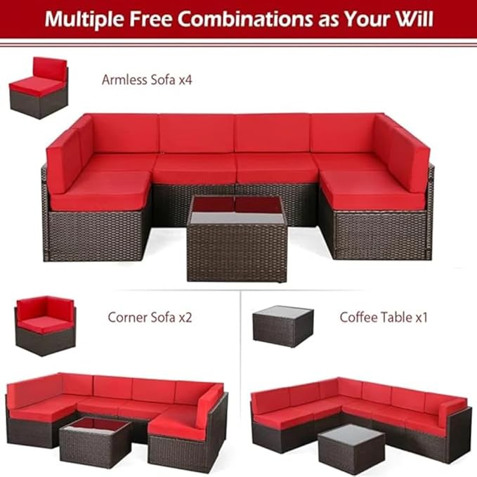 U-MAX 7 Piece Outdoor Patio Furniture Set with Extra 30 Inch Fire Pit Table, PE Rattan Wicker Sofa Set, Outdoor Sectional Furniture Chair Set with Cushions and Tea Table, Brown Rattan&Red Cushion