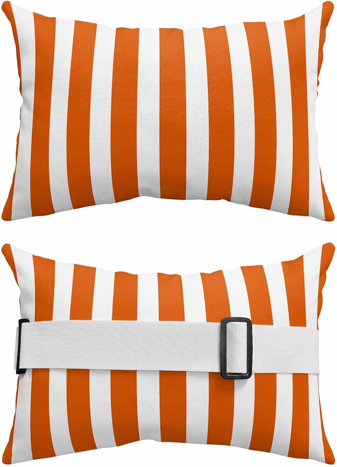 Burnt Orange Striped Outdoor Chaise Lounge Head Pillow with Insert,Thanksgiving Orange White Stripes Waterproof Headrest Lumbar Pillow Cusion Cover with Elastic Strap for Patio Recliner,11"x16" 1PCS