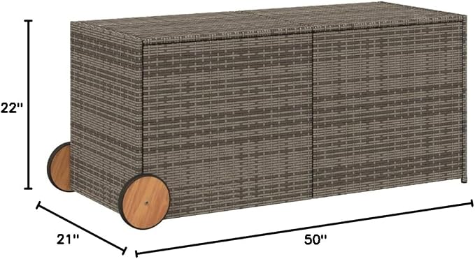 Outdoor Storage Box with Wheels 74.8 Gal Gray PE Rattan Patio Furniture Deck Box Water-Resistant Bag & Steel Frame for Garden Poolside Storage