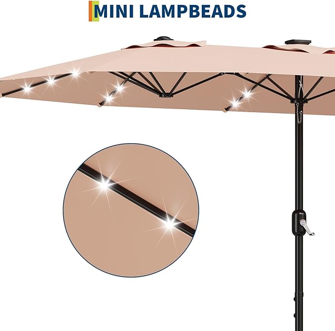 15FT Outdoor Patio Umbrella,Double-Sided Rectangle Market Umbrella with 36 LED Solar Lights & Base,UV50+ Weather-Resistant Oversized Outdoor Umbrella,Crank Lift,3-Way Shade for Pool,Garden,Backyard