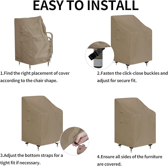 Easy-Going Stackable Patio Chair Cover UV Resistant Outdoor Chair Cover Waterproof Lawn Patio Furniture Covers Fits for 4-6 Stackable Dining Chairs (2 Pack-28Wx36Dx47H inch, Camel)