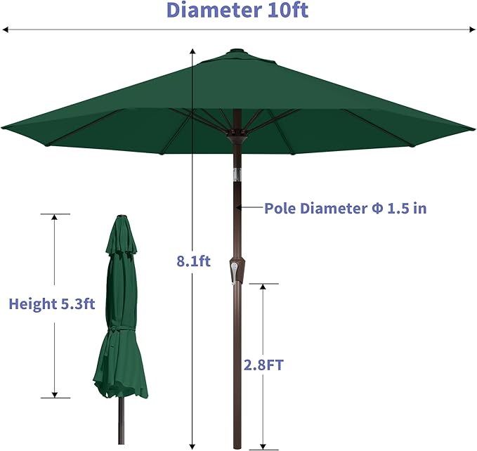 Kingdura 10FT Outdoor Patio Umbrella, Market Table Umbrella with Push Button Tilt and Crank, 8 Sturdy Fiberglass Ribs, UV Protection for Pool, Lawn, Deck, Backyard, Garden (Dark green)