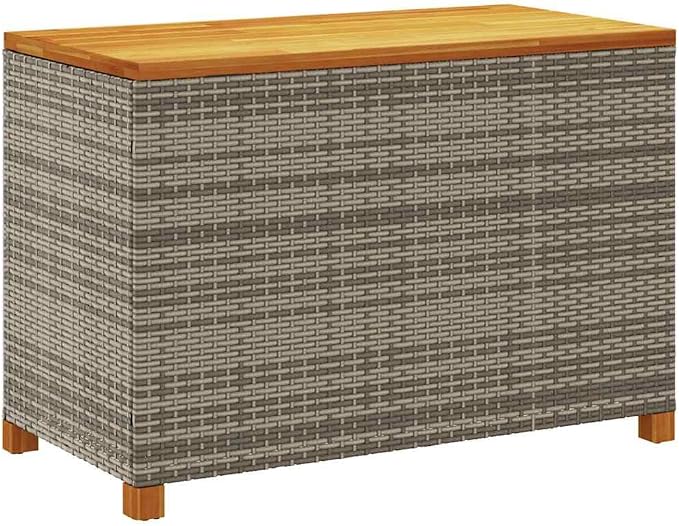 Modern Rectangular Garden Storage Box with Gas Spring Mechanism, Grey Poly Rattan and Solid Acacia Wood, Spacious Interior for Cushions Blankets Pillows, Durable