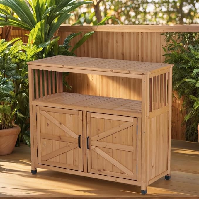 Wooden Outdoor Bar Table with Storage - Weatherproof Patio Cabinet for Deck/Backyard, Multi-Purpose Buffet Sideboard