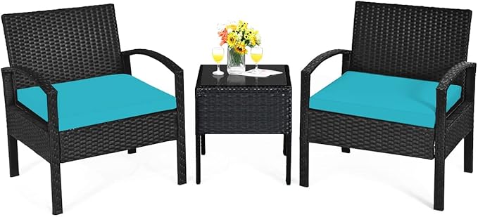 Tangkula 3 Piece Patio Conversation Set, Outdoor Rattan Sofa Set with Seat Cushions & Coffee Table, Patio Wicker Furniture Set for Garden Balcony Backyard Poolside (Turquoise)