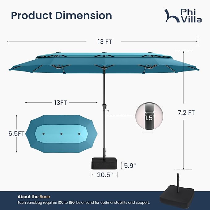 PHI VILLA 13ft Large Patio Umbrellas with Base Included, 2-Tier Double-Sided Outdoor Market Rectangle Umbrella for Outside, Blue & Cerulean