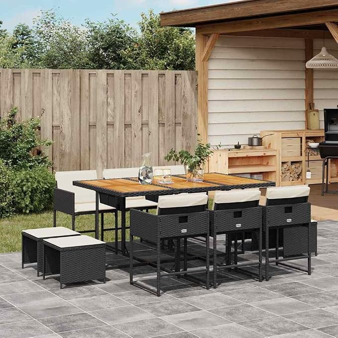11-Piece Modern Black Poly Rattan Garden Dining Set, Spacious Patio Seating for Backyard or Porch, 41.7 x 65.0 x 28.7 in