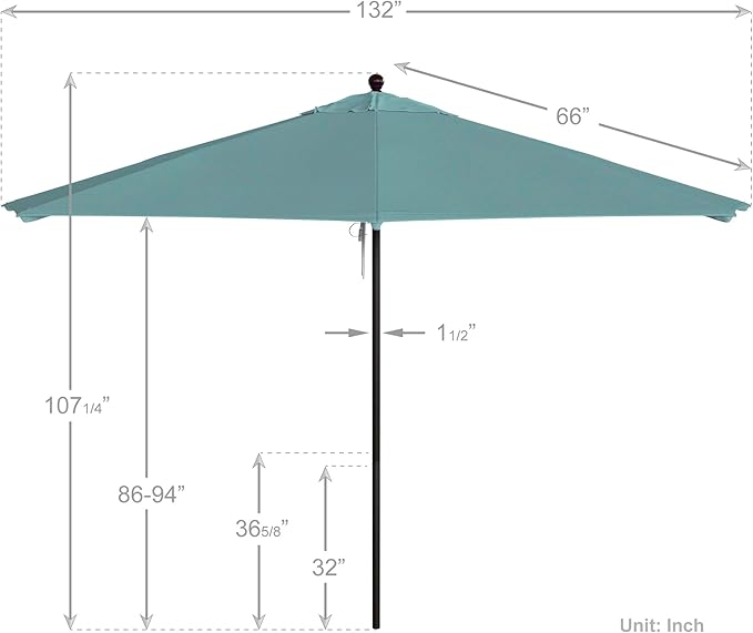 California Umbrella 11Ft Commercial Grade Sunbrella Fabric Market Umbrella, Pulley Lift, Aluminum/Fiberglass, 2mm pole wall, Bronze Frame, Aruba Fabric