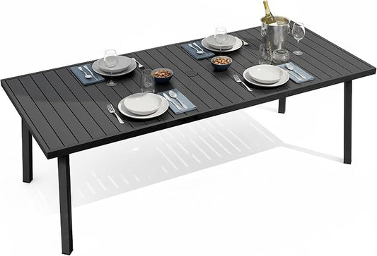 82"×35" Never-Rust Aluminum Outdoor Dining Table – Rectangular Patio Table for 8 Person with Umbrella Hole, Heavy Duty All-Weather for Poolside, Garden, Backyard, Porch, Deck, Black
