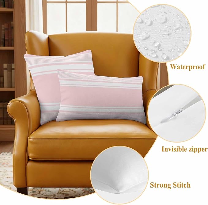 Outdoor Waterproof Throw Pillow Covers, Pink Striped Decorative Pillow Cases, Modern Color Block Farmhouse Stripes Couch Pillow Protector Patio Sofa Cushion Covers Replacement 26"x26" 2 Pack