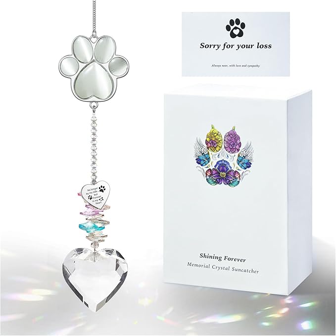 Dog Memorial Gifts, Pet Memorial Suncatcher, Loss of Dog Sympathy Gift | Thoughtful Dogs and Cats Bereavement Remembrance Gifts, Natural Cat's Eye Stone Paw Crystal Suncatcher
