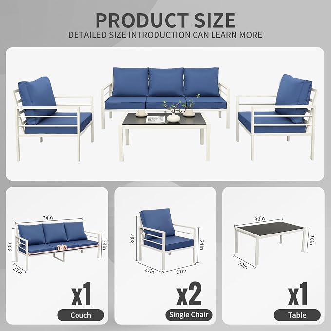 WAROOM Patio Furniture Set 4 Pieces Metal Outdoor Conversation Sets Backyard Chair Outside Couch with Coffee Table, Blue Cushion