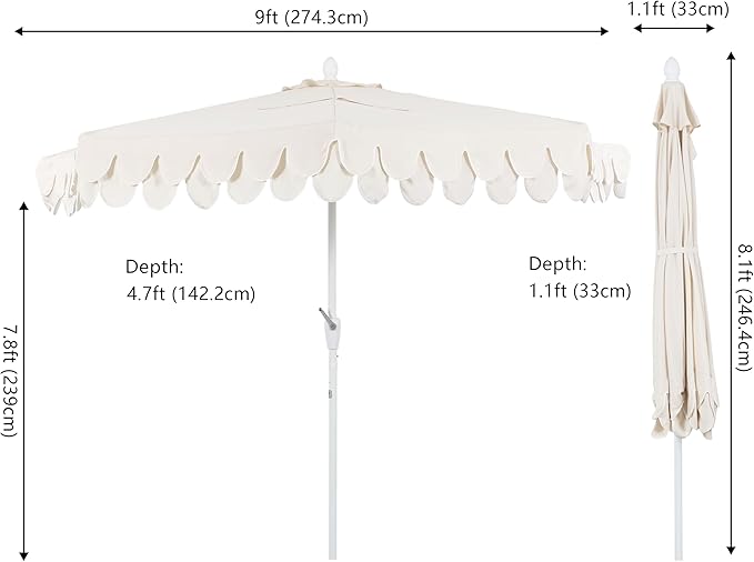 JONATHAN Y Terrace Scalloped 9 ft. Half Round Patio Umbrella with Crank Lift and Tilt, Coastal Semicircle Market Wall Umbrella for Balcony, Cream/White, White Pole UMB1202C