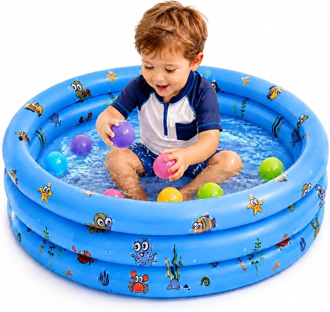 Baby Pool for Toddlers 1-3 with Bubble Bottom, Inflatable Kiddie Pool for Kids with Easy Drain Plug, Small Blow Up Pool for Backyard Summer Water Play, Durable Kids Swimming Pool (Blue)