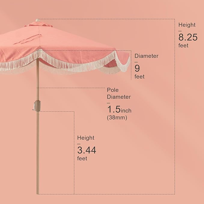 Tempera 9ft Auto Tilt Melon Red Scalloped Patio Umbrellas with Fringe, Outdoor Table Umbrellas with Fade Resistant Canopy,8 Sturdy Rids,Luxurious Vintage Umbrellas for Lawn,Pool,Balcony