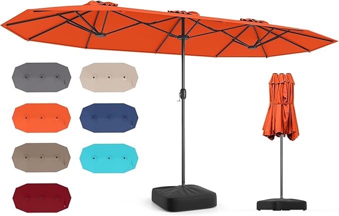 Tangkula 13FT Double-sided Patio Umbrella, Extra Large Twin Table Umbrella with Crank Handle, Umbrella Base, Safety Lock, Air Vent, Outdoor Market Umbrella for Garden Pool Backyard (Orange)