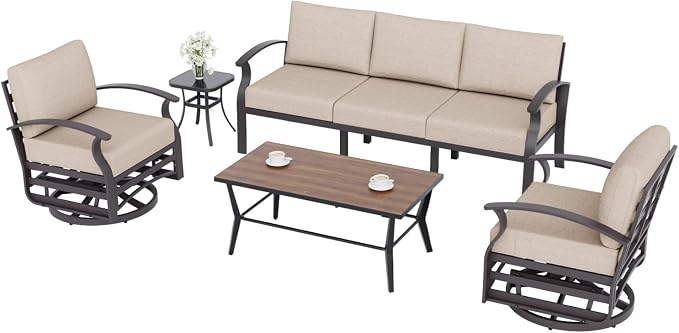 ALAULM Aluminum Patio Furniture Set with Coffee Table Rectangular, 5-seat Outdoor Sectional Furniture w/2 Swivel Chairs, Patio Conversation Set for Porch, Backyard, Poolside-Sand