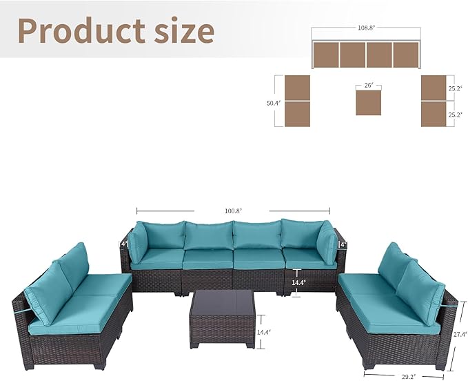 CHABATREE 9 Pieces Outdoor Patio Furniture Sets,Rattan Conversation Sectional Set,Manual Weaving Wicker Patio Sofa with Tea Table