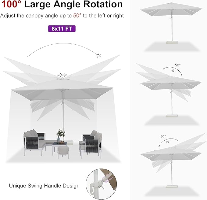 PURPLE LEAF 8' X 11.5' Right-left Tilt White Cantilever Umbrella with Base Patio Outdoor Swivel Umbrellas with Aluminum Tilt Offset Umbrella with 360° Rotation for Deck Pool, White
