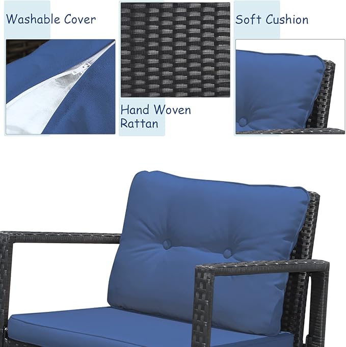 Tangkula 3 Pieces Patio Wicker Rocking Bistro Set, Outdoor Rocking Chair Furniture with Cushioned Seat, Conversation Set with Glass Coffee Table and Storage Shelf (Navy Blue)