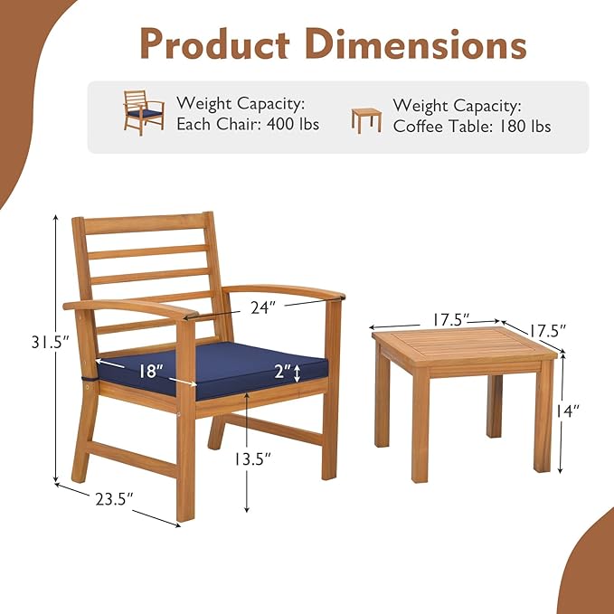 Tangkula 3 Pieces Outdoor Furniture Set, Acacia Wood Conversation Set with Soft Seat Cushions, Stable Acacia Wood Frame, Patio Sofa & Coffee Table Set for Backyard, Porch, Poolside (Navy)
