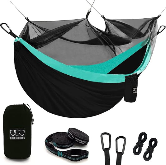 Gold Armour Camping Hammock - Camping Essentials, Double Hammock with Bug Net, Camping Gear Hammock for Outside, Hiking, and Travel (Black & Seafoam)