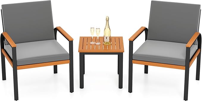 Tangkula 3 Pieces Patio Furniture Set, Outdoor Cushioned Conversation Chairs Set with Acacia Wood Side Table, for Porch, Balcony and Garden