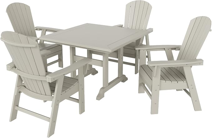 WestinTrends Dylan Adirondack Patio Dining Set for 4, All Weather Poly Lumber Outdoor Table and Chairs Set of 4, 43" Trestle Square Dining Table and Seashell Adirondack Dining Chair, Sand