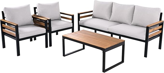 4-Piece Patio Set, Outdoor Furniture Sofa Set for 5 People with Acacia Wood Armrests, Conversation Set with Solid Wood Coffee Table, 2 Single Chairs, 3-Seater Sofa for Garden and Backyard (Beige/453)