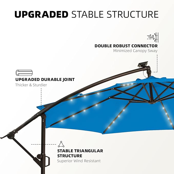wikiwiki 10FT Solar Patio Offset Umbrella Outdoor Cantilever Umbrella Hanging Umbrellas with Weighted Base, Market Patio Umbrella for Backyard, Garden & Deck,Royal blue