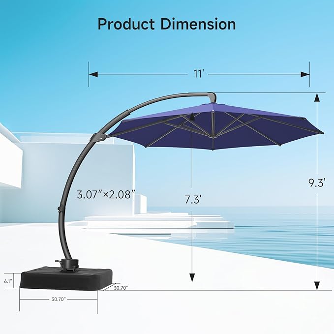 11 FT Outdoor Patio Umbrella with Base, Aluminium Curved Cantilever Umbrella, Large Round Hanging Offset Umbrella with Unlimited Position Adjustment and 360°Rotation for Market Garden Pool, Blue