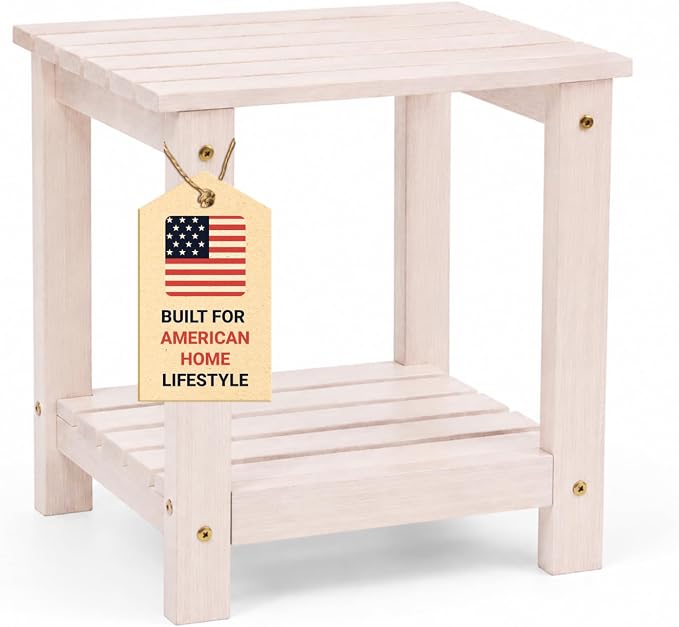 Premium 2-Tier Eucalyptus Wood Side Table with Slatted Storage Shelf, 13" x 16" x 17.5", Wooden Accent Table for Living Room, Entryway or Bedside (Whitewash)
