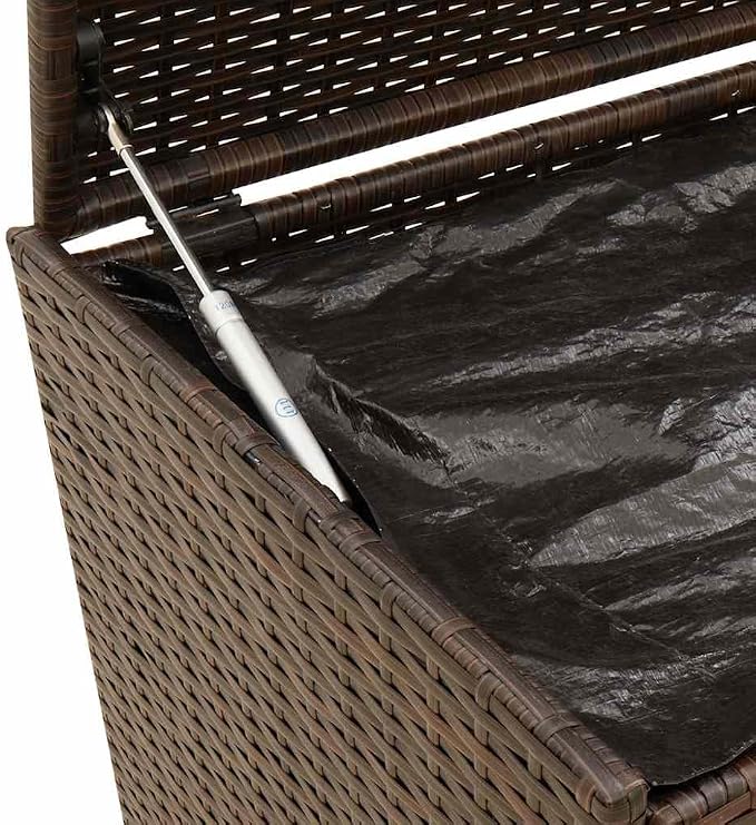 Brown PE Rattan Garden Storage Box with Water-Proof Inner Bag and Gas Spring Lid, Large Patio Storage Box for Cushions and Blankets