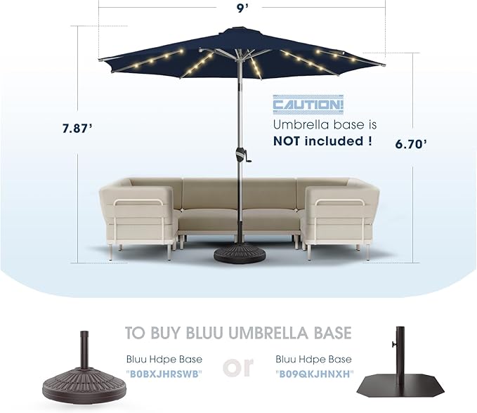 BLUU 10 Ft Patio Umbrella with Solar LED Lights, 5-Year Fade-Resistant Aluminum Outdoor Table Umbrella with Tilt Adjustment and Crank for Pool, Deck, Garden and Lawn, Navy Blue