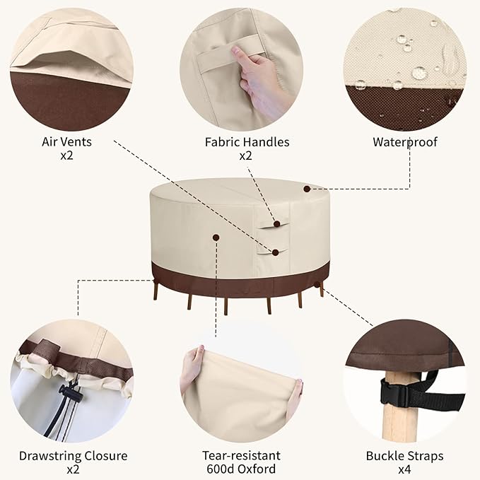 Round Patio Furniture Cover 60 Inch Waterproof, Heavy Duty UV Protection Outdoor Chair Covers for All Seasons, Durable Weatherproof Patio Table Covers with Tie (Beige & Brown，96" DIAx28 H)