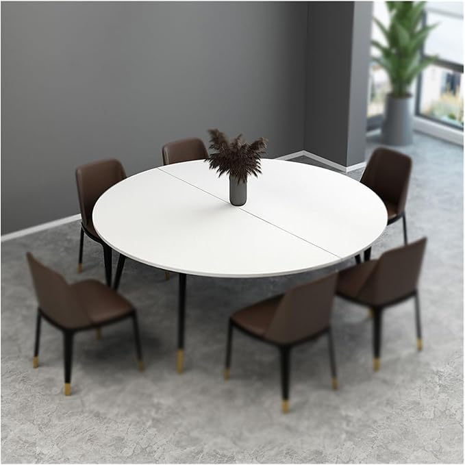 Folding Round Wooden Table 24-71 Inch, Storable Half-Fold Design for Kitchen & Patio, Metal Hardware, Milk Color, 120cm/47.2in Diameter, Space-Saving Solution