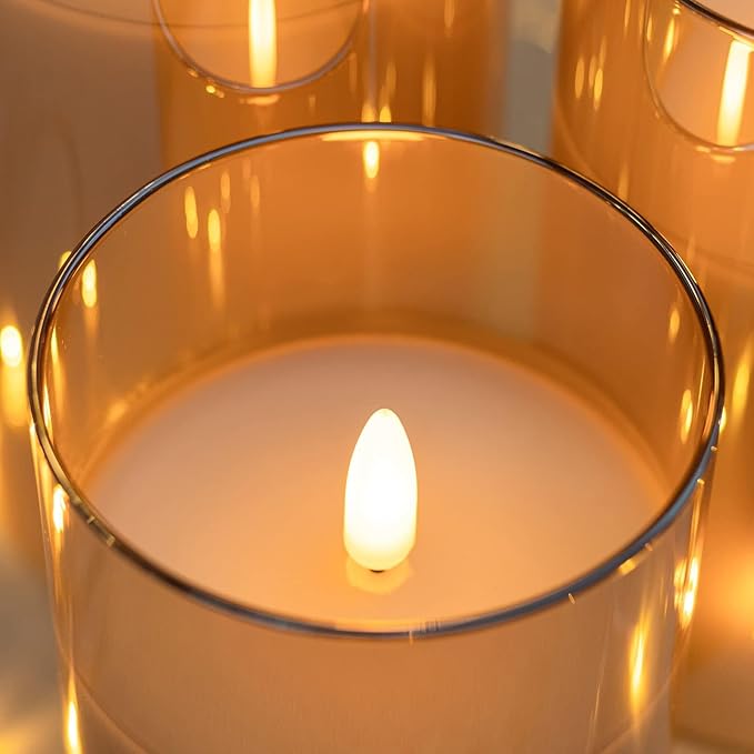ANGELLOONG Gold Candles for Bathroom Decor, Glass Flameless Candles with Remote, Battery Operated LED Pillar Fake Candles with Timer for Christmas Home Fireplace Mantle Fall Decor